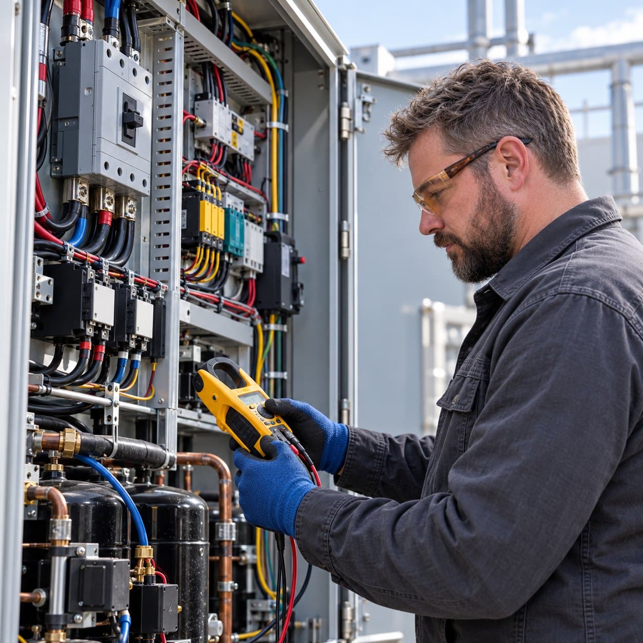 A Unified Workforce electrician testing a commercial control panel with a clamp meter.